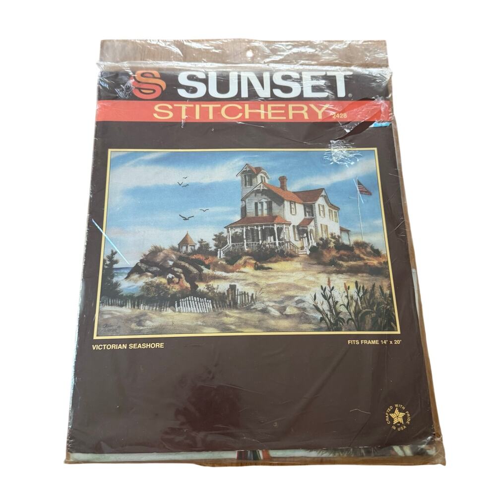 Vintage 1987 Sunset Stitchery 2428 Victorian Seashore 14x20" Oceanfront Home